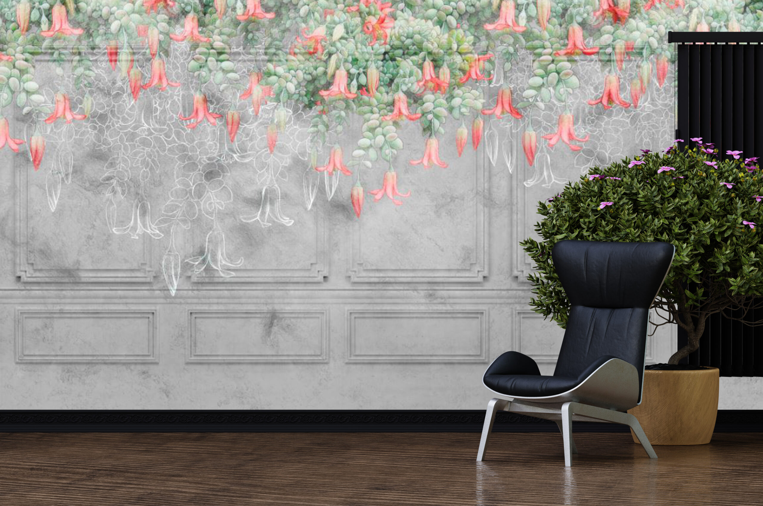 Interior wall mockup with chair and indoor plant in the living r