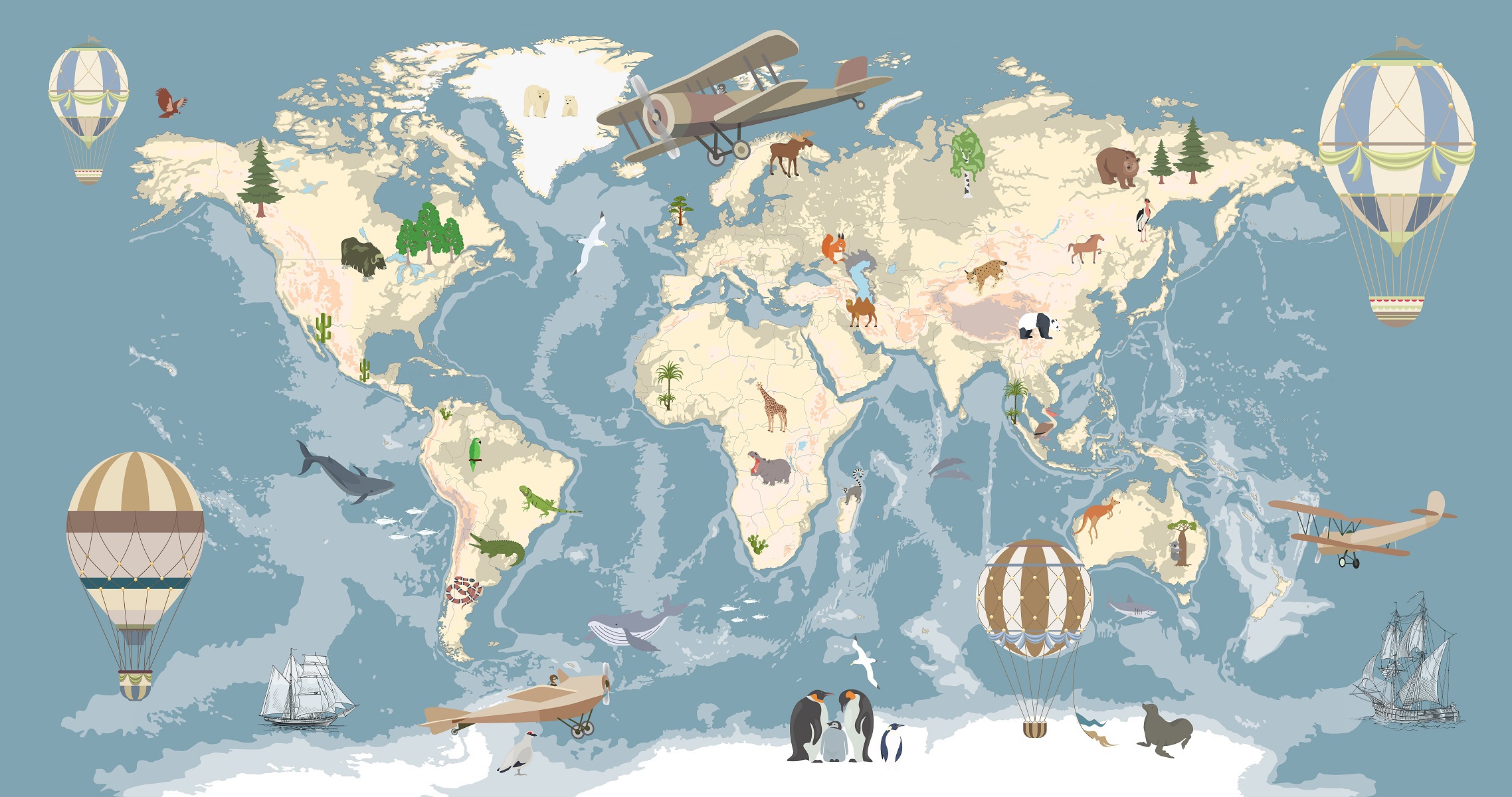 Kids,Wallpaper,World,Map,With,Animals,No,Country,Names