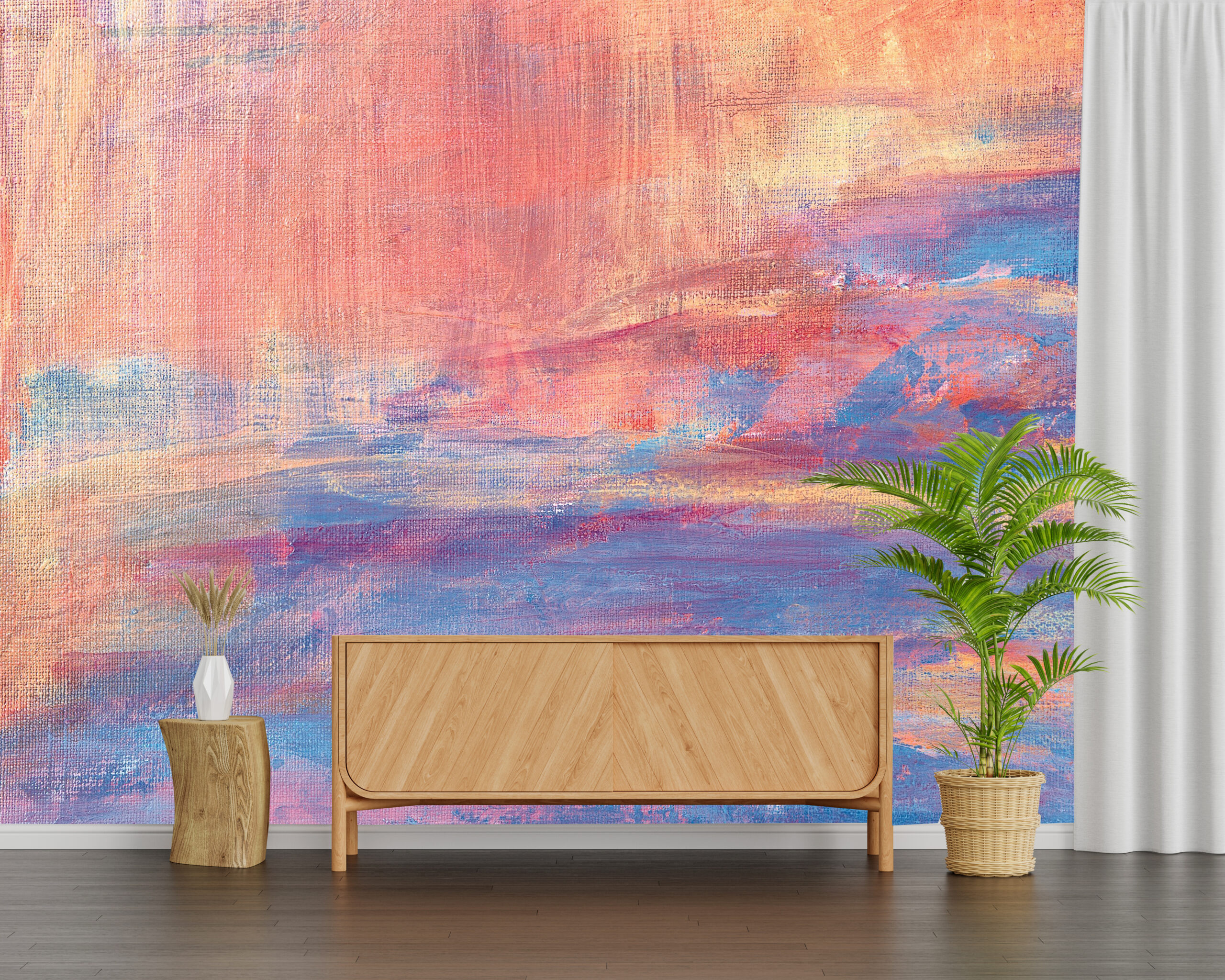 Wood sideboard in living room with copy space, 3D rendering